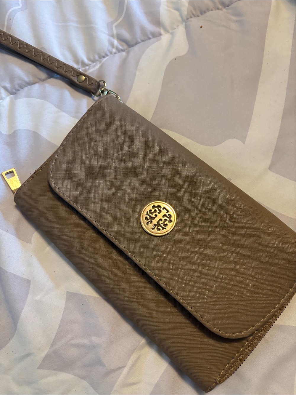 Brown Faux Leather Wristlet Clutch with Gold Medallion